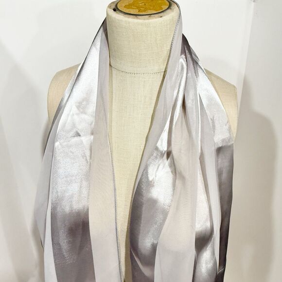 Women’s Gray Satin Silver Stripe Scarf Sheer Lightweight Wrap 60”x12.5” - Picture 13 of 14